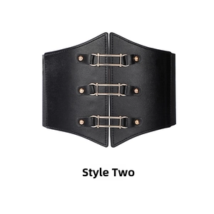 Detail of a black wide elastic corset belt featuring three rows of gold metal buckles