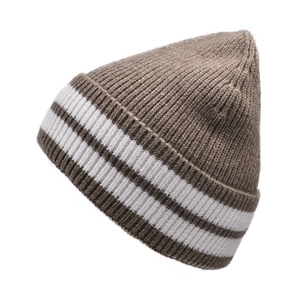 Detail of coffee brown ribbed knit beanie with white stripes and thick folded cuff