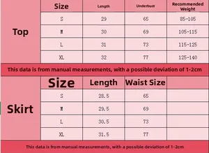Detailed size chart for mesh ruffle top and mini skirt set with measurements in cm