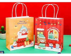Close-up of Christmas gift paper bags with festive snowman and cartoon characters