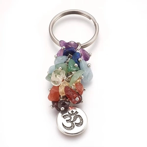 Rainbow natural crystal gravel pyramid keychain with engraved Om symbol metal tag
