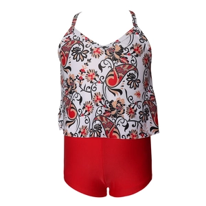 Two-piece girls paisley floral tankini swimsuit with V-neck top and red boy shorts