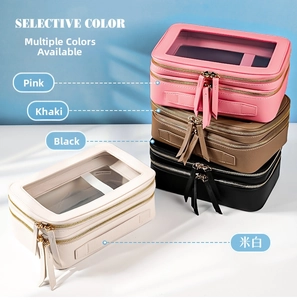Detail of waterproof double-layer PU leather toiletry bag with clear top window