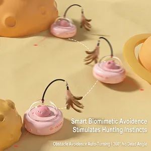 Jouet intelligent pour chat en forme d'OVNI avec laser, plumes roses et rotation auto