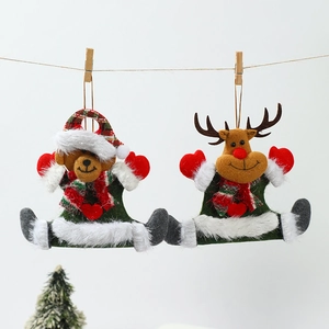 Plush Christmas bear and reindeer hanging ornaments with red striped scarves for tree decor