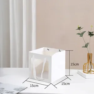 Macro detail of a 15cm white square gift bag with a clear window and ribbon handles