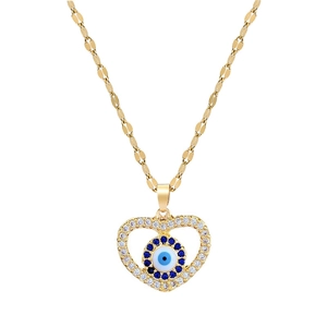 Titanium steel heart necklace with blue evil eye pendant and zircon stones on white background
