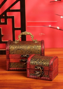 Detailed view of vintage jewelry boxes with floral carvings and metal clasps