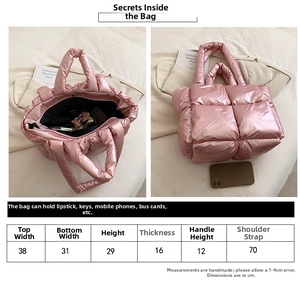 Detailed size guide and measurements for the quilted puffer tote bag in metallic pink