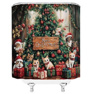 Christmas shower curtain featuring festive cats, holiday tree and gifts on fabric