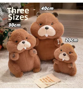 Three sizes of plush capybara toys shown in a cozy setting including 20cm, 30cm, and 40cm
