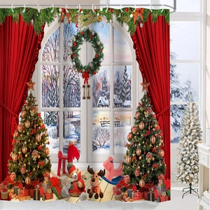 Detail of Christmas shower curtain with red curtains, wreaths, and festive gift boxes