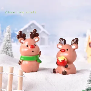 Miniature Christmas reindeer figurines with gift box and scarf for micro landscape decor