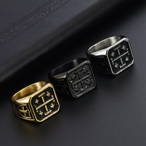 Vintage stainless steel Jerusalem cross signet rings for men in gold, black, and silver