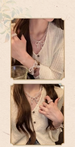 Macro detail of French bow pearl jewelry set with necklace and bracelet in retro frame