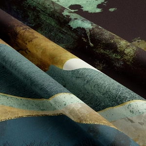 Detail of abstract mountain tapestry fabric with golden lines and marble texture