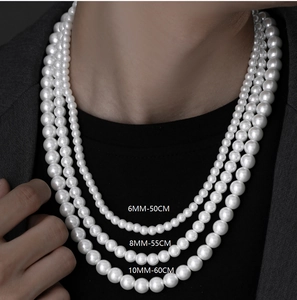 Triple layer pearl necklace showing sizes 6mm, 8mm, and 10mm on a model neck