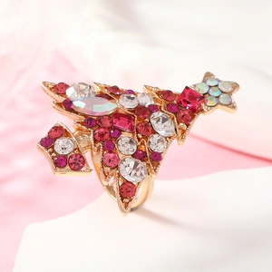 Golden Christmas tree ring featuring vibrant red, pink, and white crystal rhinestones