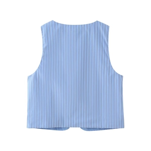 Detailed back view of a sleeveless striped vest top in light blue and white cotton fabric