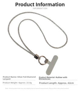 Detailed view of silver rhinestone phone lanyard with 42cm length and round metal ring
