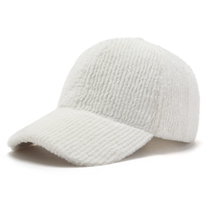 Detail of white faux cashmere baseball cap showing thick plush striped texture and brim
