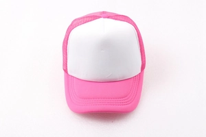 Top view of a pink and white breathable mesh trucker hat with a curved brim on a white background