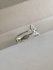 Detailed macro view of S925 sterling silver double-layer ring with ichthys fish and zircon