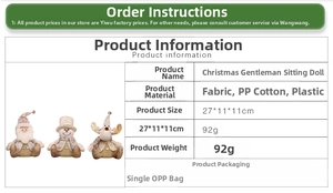Detail specifications of LED Christmas dolls including dimensions and fabric materials