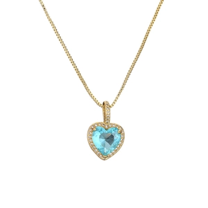 Gold heart MOM pendant necklace with light blue gemstone and clear cubic zirconia stones