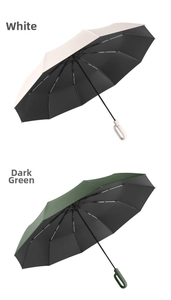 Detail of automatic folding umbrella handles in beige and dark green with ring hook design