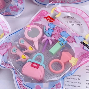 Creative pink cosmetics set erasers including handbag and ring shapes for girls' gift