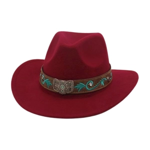 Close-up of a burgundy felt cowboy hat featuring an embroidered leather band with silver studs