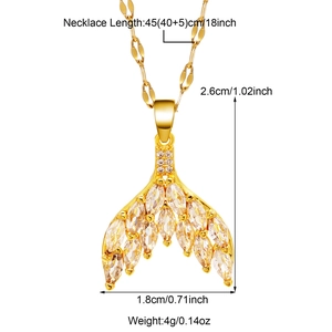 Detail of fishtail pendant necklace with zircon inlay showing dimensions 2.6cm x 1.8cm