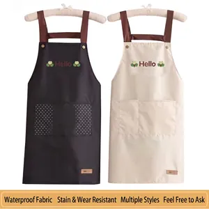 Waterproof kitchen apron set with adjustable neck strap and large pockets in brown and beige