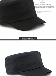 Detail of black cotton flat top military cap showing reinforced stitching and sun visor