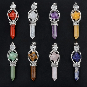Merkaba hex column pendants in 8 natural crystals like Amethyst and Tiger Eye