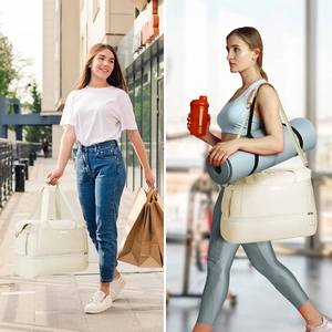 Versatile beige fitness travel bag shown in both daily shopping and gym environments