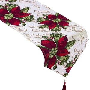 Christmas table runner with embroidered poinsettia, tassels and festive Hope and Joy text