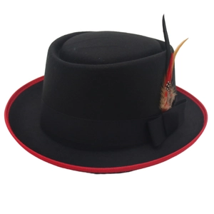 Chapeau Pork Pie Style Britannique Texture Feutre Laine Bord Rouge Nœud Ruban Plume Rétro Jazz Fedora Pour Hommes Femmes