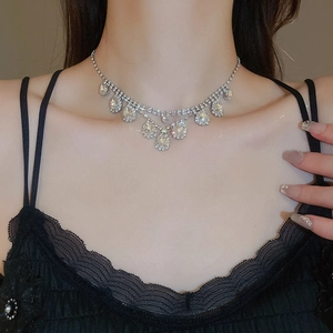 Detail of silver drop fringe necklace with clear crystals worn on a female model