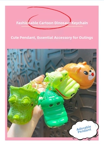 Detailed view of crocodile and dinosaur biting finger toys with metal keyrings