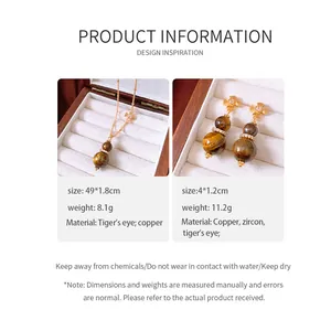 Detailed size specifications for tiger eye necklace and zircon gourd earring set