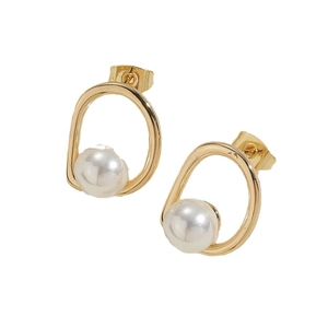 Élégantes boucles d'oreilles ovales dorées avec perles blanches et zircons