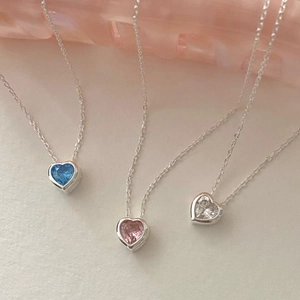 S925 silver necklaces with heart-shaped pendants in blue, pink, and clear zircon stones