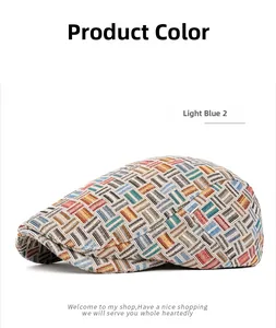 Detail of vintage blue jacquard weave flat cap with multi-color checkered texture