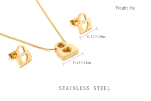 Detail of stainless steel heart lock pendant and earrings set with measurements and weight