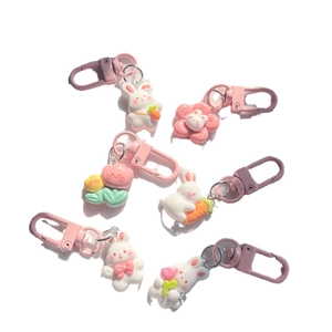 Cute bunny and carrot keychains with pink gradient metal rings for girls' backpacks