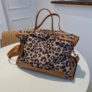 Leopard Print Cotton Linen Tote Bag Large Capacity Studded Handbags With Tassels And Detachable Strap