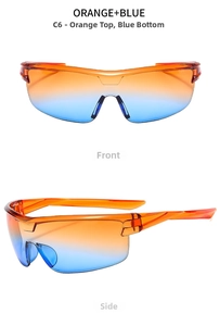 Macro details of orange and blue gradient sports cycling glasses from front and side views