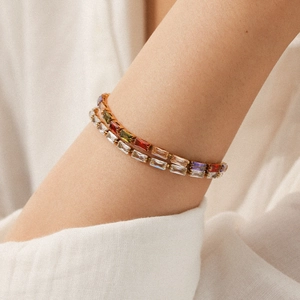 18K gold plated stainless steel bracelet with baguette cut rainbow zircons for women